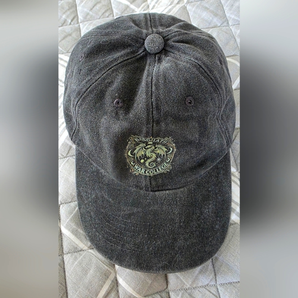 New Dark Gray Washed Denim  Cap with Brass Buckle  Print Basgiath War College